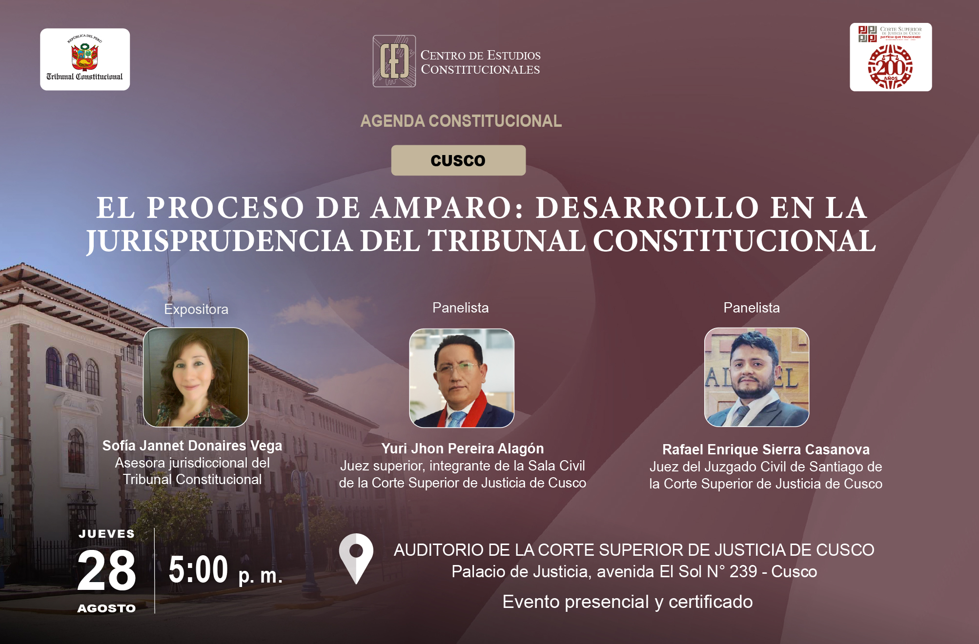 AGENDA CONSTITUCIONAL «EL PROCESO DE AMPARO: DESARROLLO EN LA JURISPRUDENCIA DEL TRIBUNAL CONSTITUCIONAL», ORGANIZAN EL TC Y LA CORTE SUPERIOR DE JUSTICIA DE CUSCO