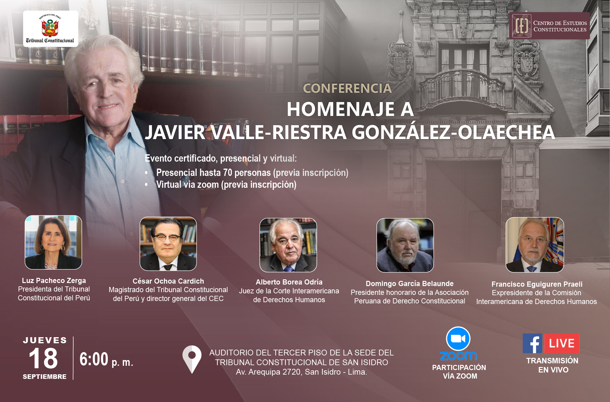 EL TRIBUNAL CONSTITUCIONAL REALIZARÁ CONFERENCIA HOMENAJE A JAVIER VALLE-RIESTRA GONZÁLEZ-OLAECHEA EL 18 DE SEPTIEMBRE
