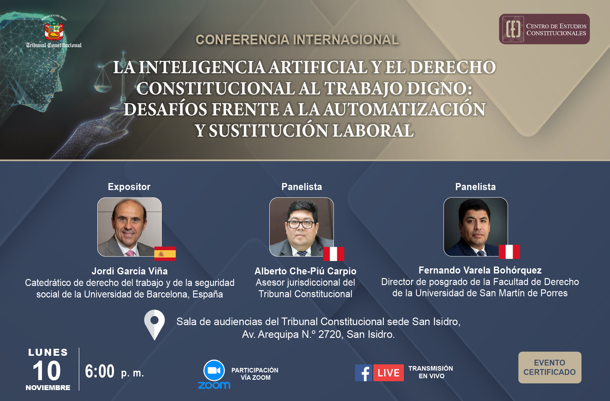 CONFERENCIA INTERNACIONAL SOBRE INTELIGENCIA ARTIFICIAL Y EL DERECHO CONSTITUCIONAL AL TRABAJO DIGNO REALIZARÁ EL CEC DEL TC EL 10 DE NOVIEMBRE