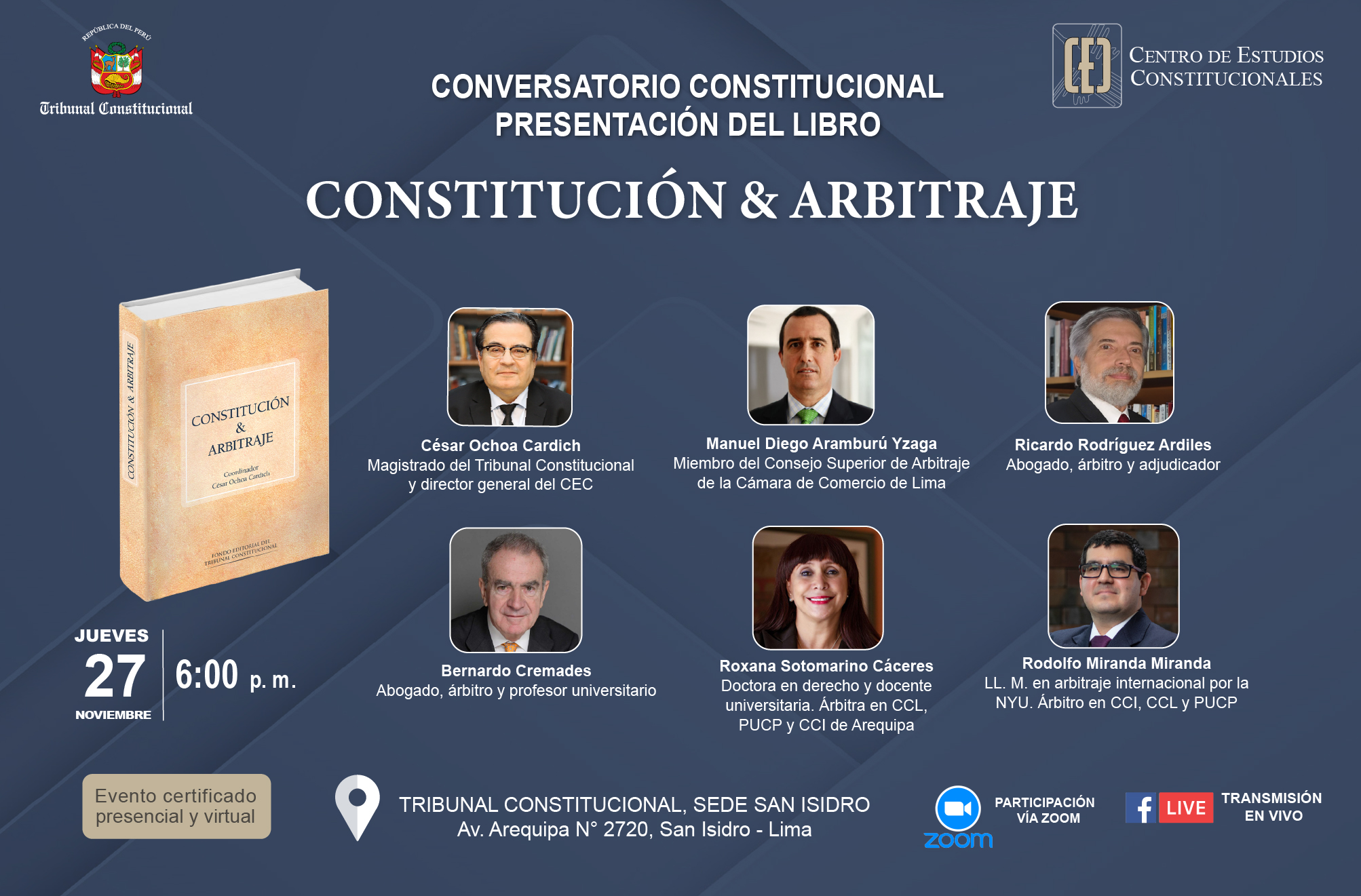 OBRA “CONSTITUCIÓN & ARBITRAJE” SERÁ PRESENTADA EL JUEVES 27 DE NOVIEMBRE POR EL CENTRO DE ESTUDIOS CONSTITUCIONALES