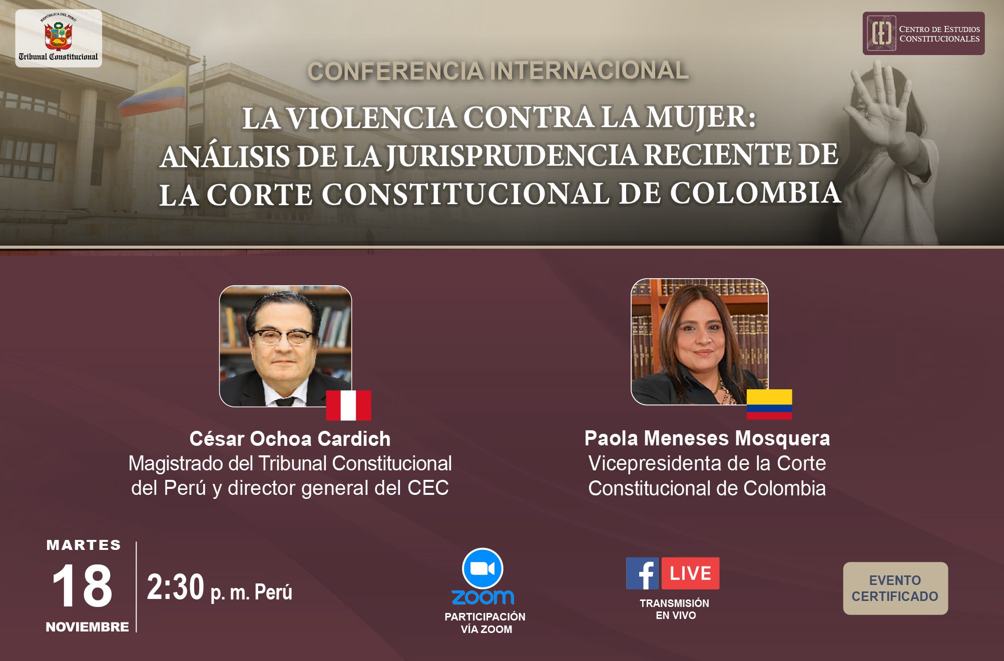 CEC DEL TC ORGANIZA LA CONFERENCIA INTERNACIONAL «LA VIOLENCIA CONTRA LA MUJER: ANÁLISIS DE LA JURISPRUDENCIA RECIENTE DE LA CORTE CONSTITUCIONAL DE COLOMBIA»