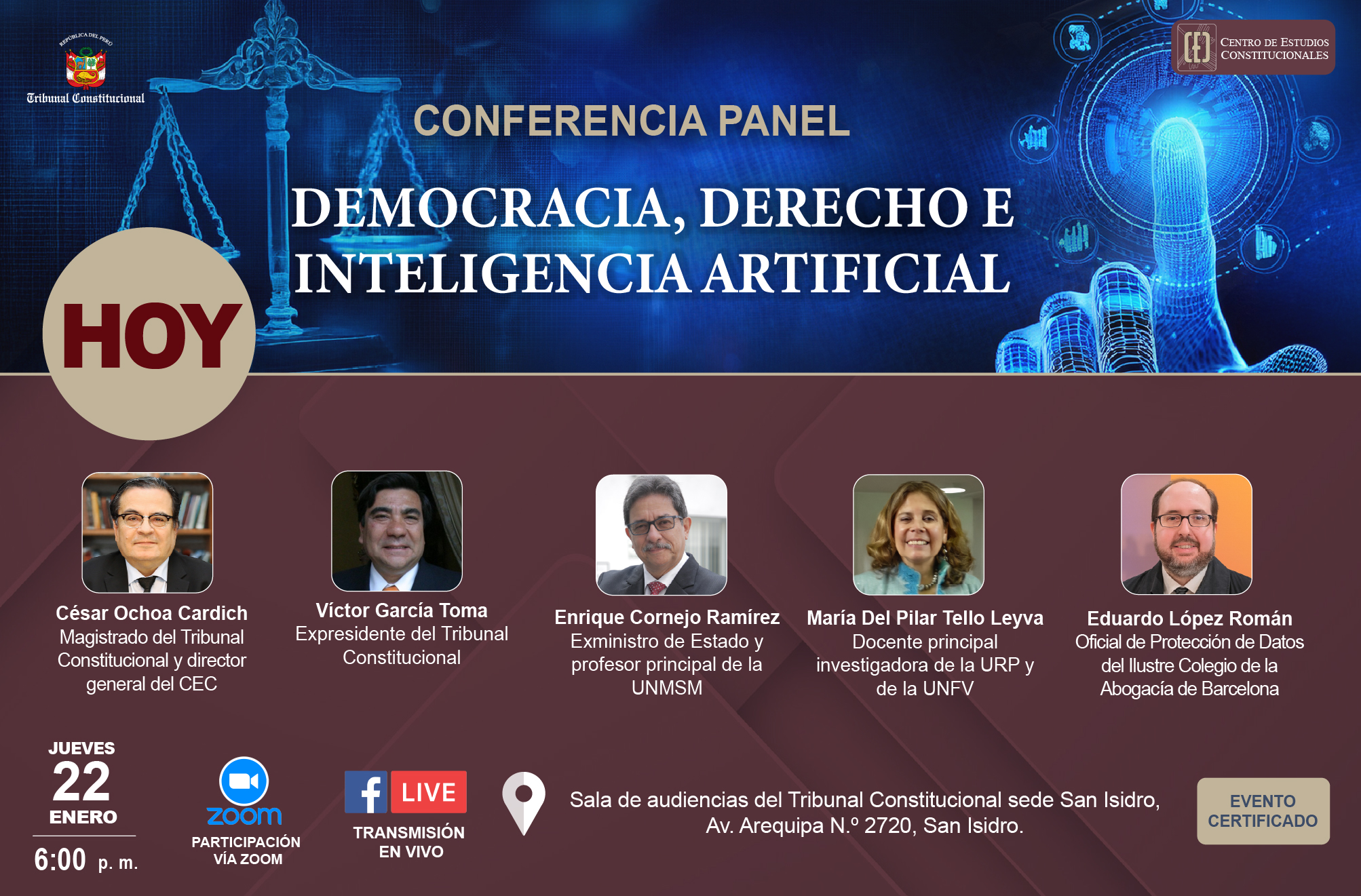 HOY SE DESARROLLARÁ LA CONFERENCIA PANEL “DEMOCRACIA, DERECHO E INTELIGENCIA ARTIFICIAL”