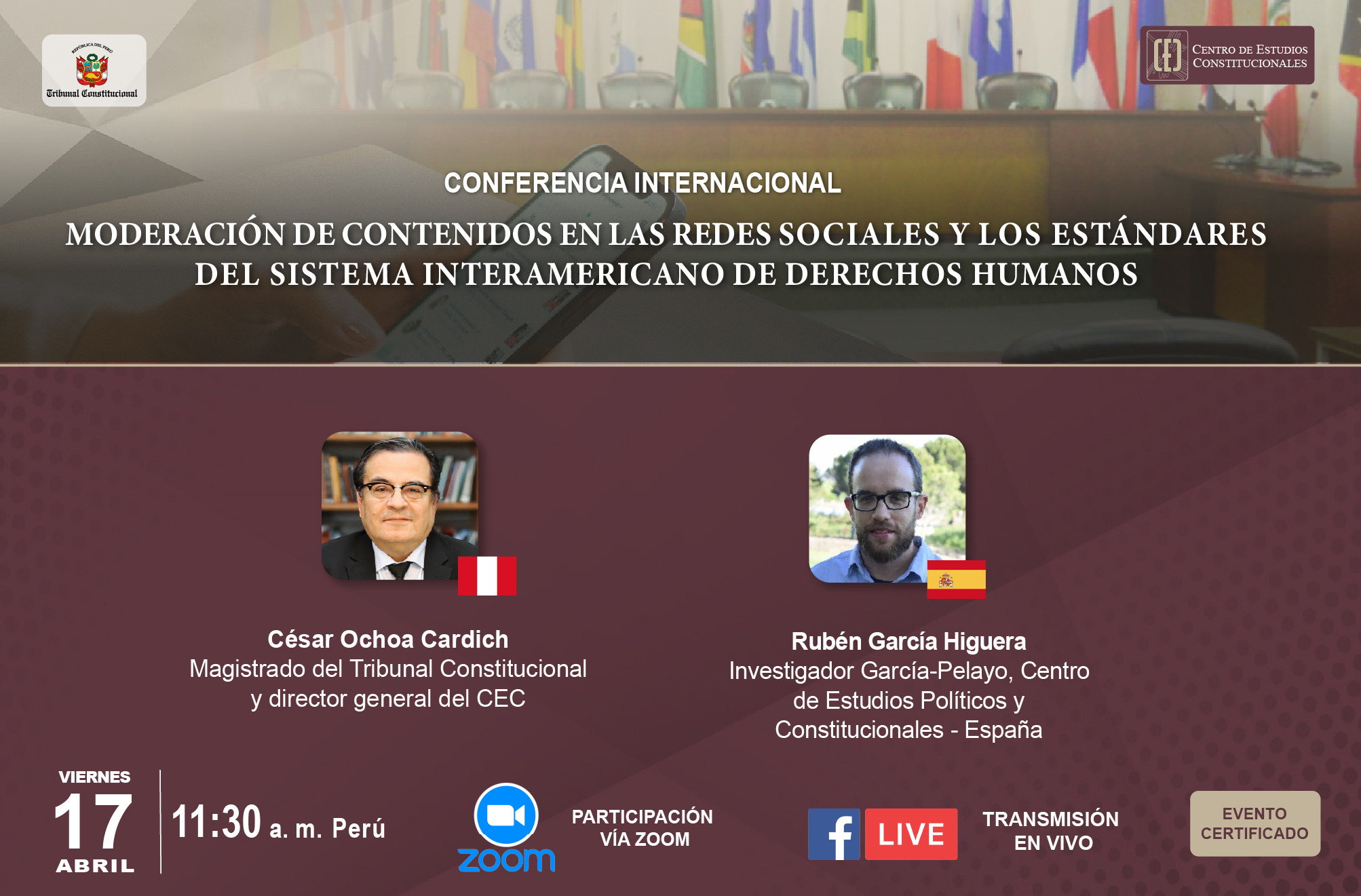 “MODERACIÓN DE CONTENIDOS EN LAS REDES SOCIALES Y LOS ESTÁNDARES DEL SISTEMA INTERAMERICANO DE DERECHOS HUMANOS” ABORDARÁ LA CONFERENCIA INTERNACIONAL DEL CEC DEL TC EL VIERNES 17 DE ABRIL