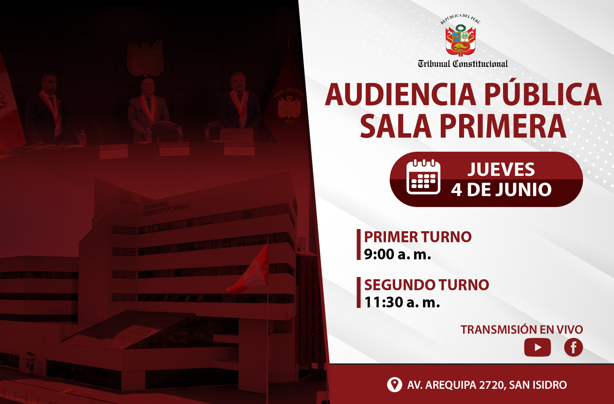 SALA PRIMERA DEL TRIBUNAL CONSTITUCIONAL SESIONARÁ EN AUDIENCIA PÚBLICA EL JUEVES 4 DE JUNIO