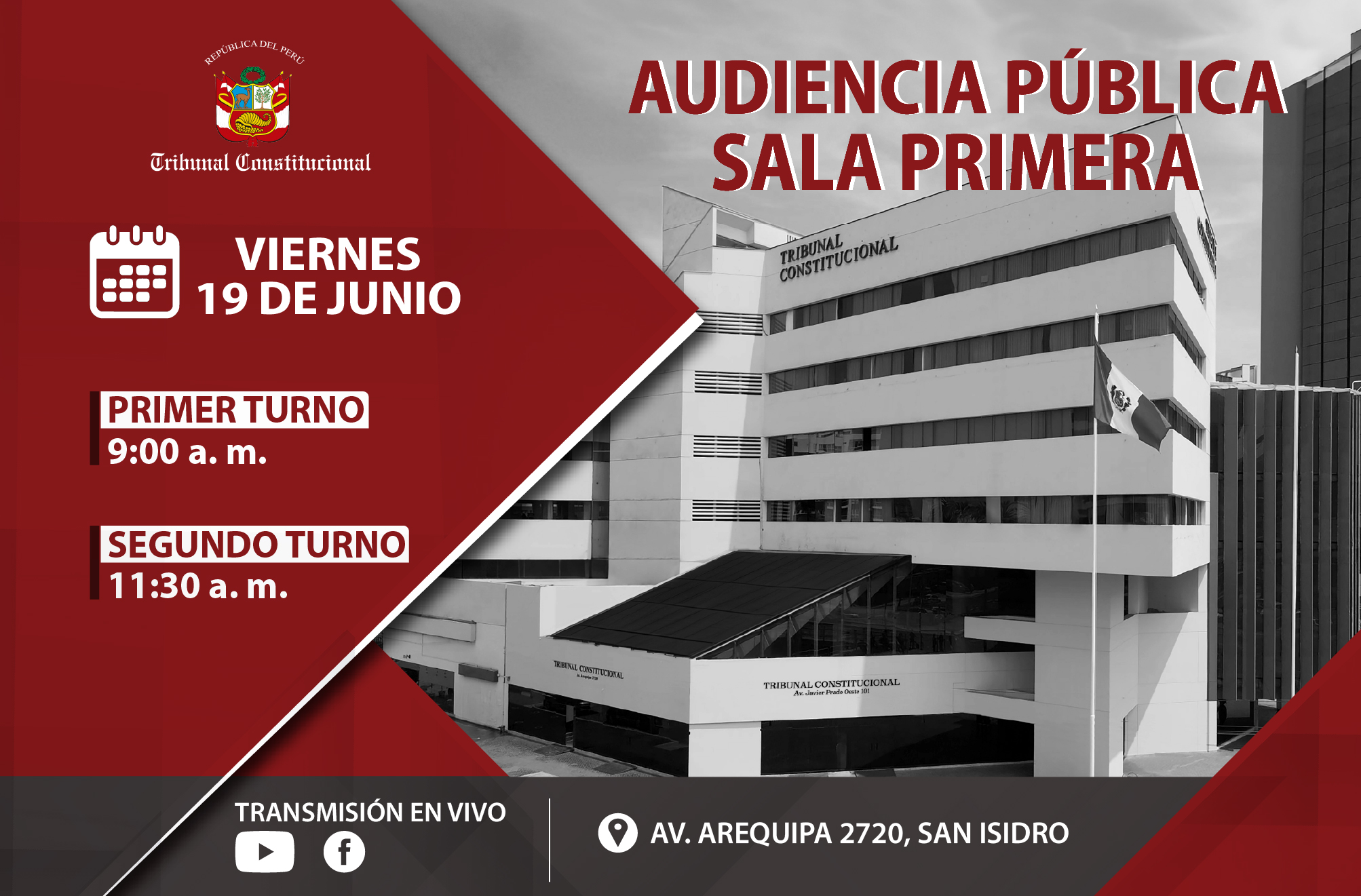 SALA PRIMERA DEL TRIBUNAL CONSTITUCIONAL SESIONARÁ EN AUDIENCIA PÚBLICA EL VIERNES 19 DE JUNIO Y VERÁ 60 CAUSAS