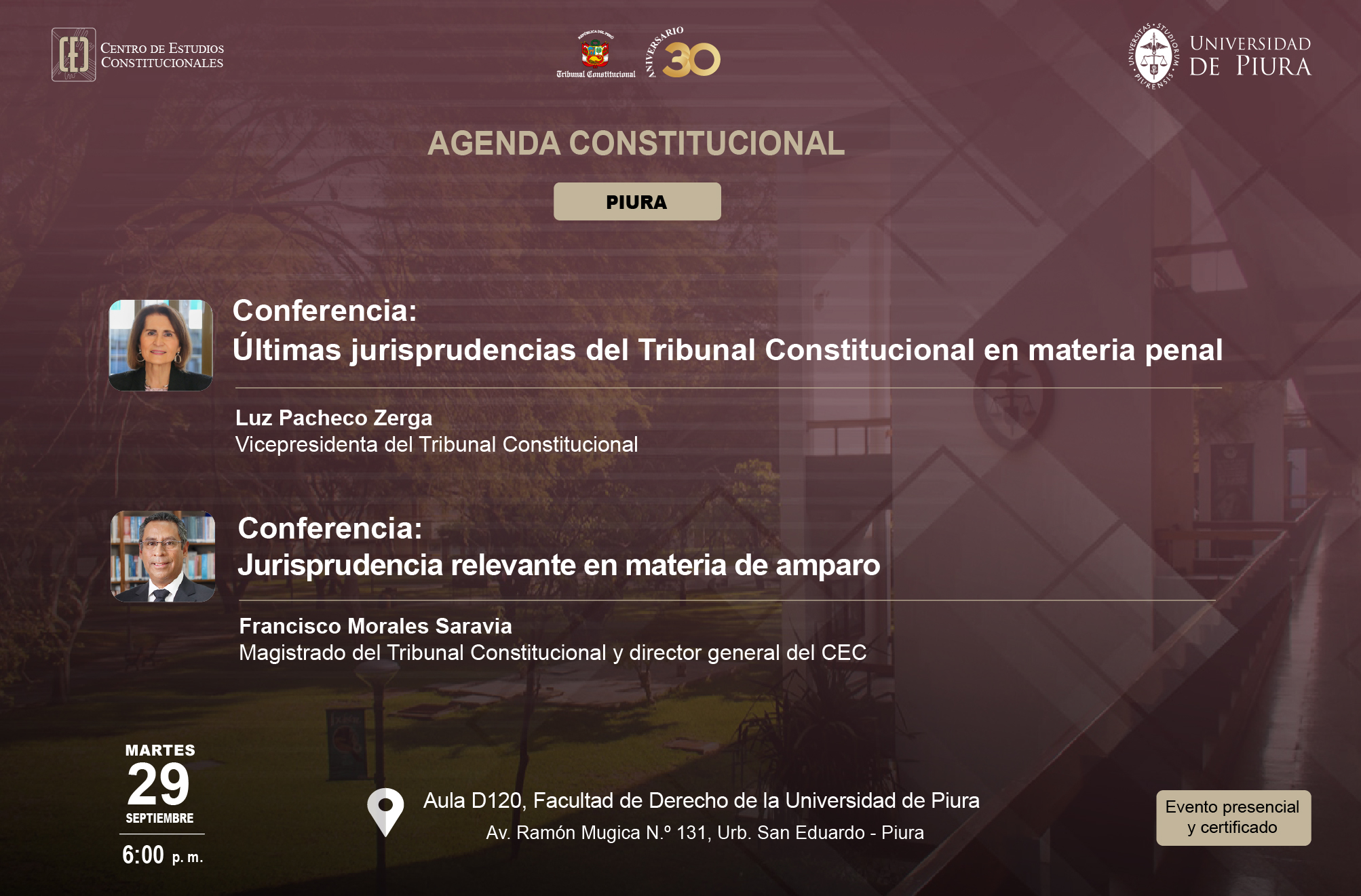 MAGISTRADOS DEL TC LUZ PACHECO Y FRANCISCO MORALES SERÁN EXPOSITORES EN AGENDA CONSTITUCIONAL EL MARTES 29 DE SETIEMBRE EN PIURA